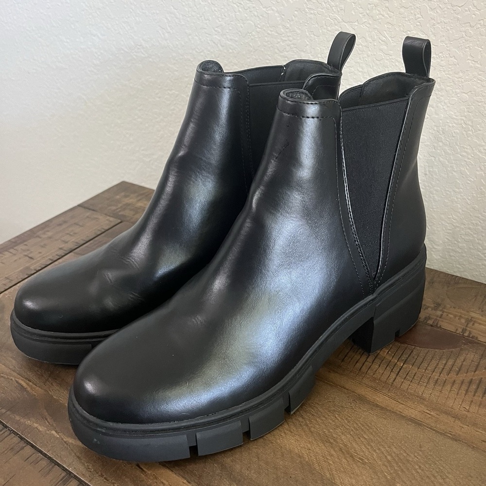Women's Combat Boots Black Chunky Lug Ankle Pull On Casual Shoes 10 NWOB